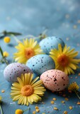 Fototapeta Mapy - Easter decoration colorful eggs on blue background with copy space. Beautiful colorful easter eggs. Happy Easter. Isolated.	