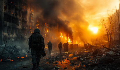 Canvas Print - Military men are walking through the burning city