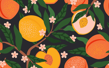 Canvas Print - Fruits and flowers of peaches and apricots with leaves on a branch form a seamless pattern. Summer tropical fruity vibe for fabrics, textiles and wrapping paper. Vector.