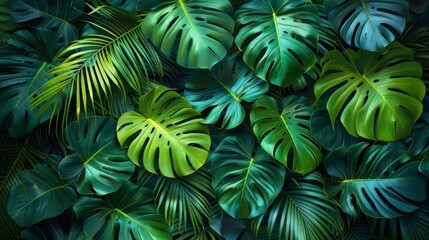 Poster - Abstract green leaves texture, nature background with tropical leaves