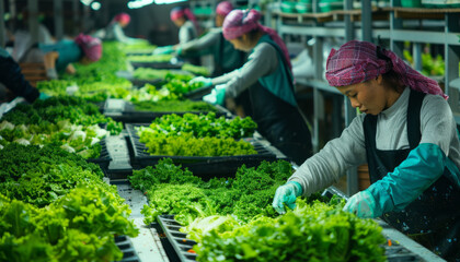 Wall Mural - Workers are harvesting fresh vegetables in hydroponic farm