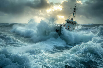 Wall Mural - Fishing boat is battered by waves as it navigates through rough seas.