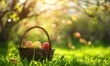 Colorful easter eggs in a basket on a wide green meadow with bokeh background and blue sky