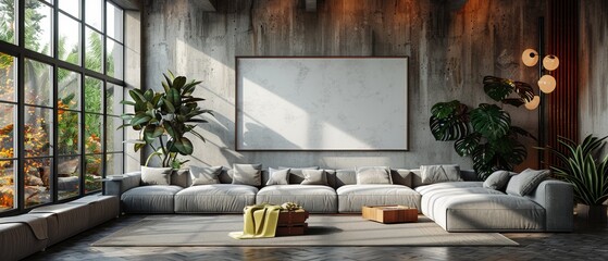 Poster - In a 3D rendering, a modern luxury living room with grey sofas and white blank picture frames is seen. This is an idea of large windows in an architecture.
