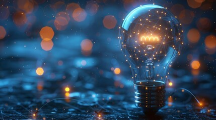 Leinwandbilder - An abstract blue glowing light bulb with cog wheels. Business model and AI concept. Low poly style. Geometric background. Wireframe light connection structure. Modern 3D graphic. .