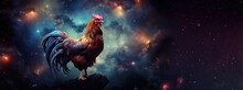 Rooster On Cosmic Background With Space, Stars, Nebulae, Vibrant Colors, Flames; Digital Art In Fantasy Style, Featuring Astronomy Elements, Celestial Themes, Interstellar Ambiance