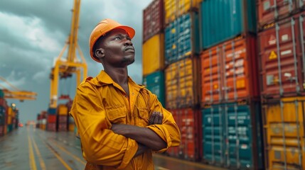 Poster - The engineer stands confidently on site in front of the container yard terminal. The warehouse employee stands confidently in front of the container logistics area.