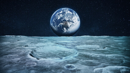 Poster - surface of the moon view with craters in space with stars and planet. planet earth view from the moo