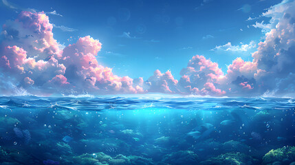 deep underwater ocean scene. background with realistic clouds and marine horizon