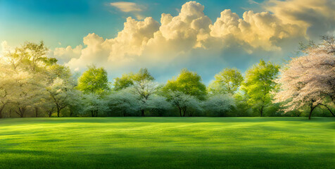 Wall Mural - fresh springtime lawn under sunny sky