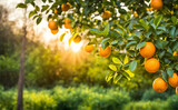 Fototapeta Niebo - Abundant orange tree with ripe oranges in focus foreground, garden setting background