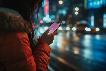 Close up shot of woman using smartphone on city street with bokeh lights at night. Mobile phone in female hands outdoors