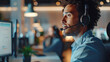 Diverse call center agent providing customer support in a busy office environment