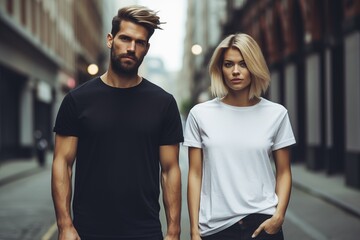 Wall Mural - Man and woman wearing blank white and black t-shirt