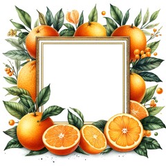 Wall Mural -  Modern abstract frame with watercolors oranges and leaves. Modern art print. Set of citrus tropical fruits. Summer vector design for cards, invitations, posters, banners.