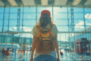 Wall Mural - Woman have a trip in vacation day with backpacker at airport