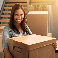 Woman, package and boxes with smile portrait from delivery, order or moving for real estate and property. Cardboard, shipping and shipment and happy homeowner with packing and parcel by house stairs