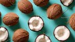Realistic coconuts apart from each other photo pattern, flat color background, isometric, view from top, bird eye view, professional studio shoot