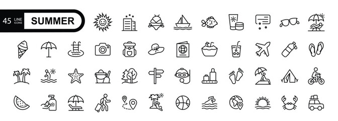 Summer, vacation, beach elements - minimal thin line web icon set. Editable stroke  icons collection. Simple vector illustration.