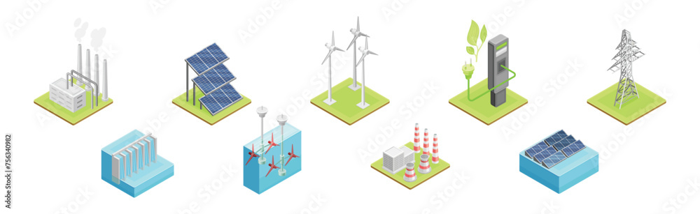 Renewable Green Energy Source Technology and Facility Vector Set Stock ...