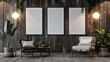 Multi mockup poster frames on wooden plank backdrop, near vintage armchair, Scandinavian style living room