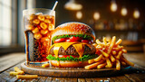 Fototapeta Na ścianę - hamburger with lettuce and cheese with French fries and soda