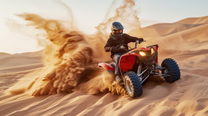 A person riding an ATV kicking up a trail of sand in the desert.