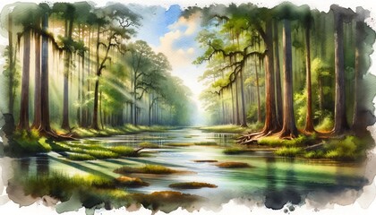 Wall Mural - Watercolor landscape of Congaree National Park