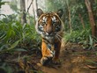 A tiger walking directly towards the camera in a lush forest setting with intense gaze.