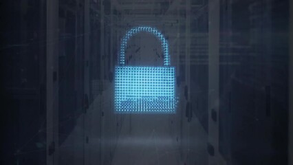 Poster - Animation of digital cloud, shield and padlock over shapes and server room