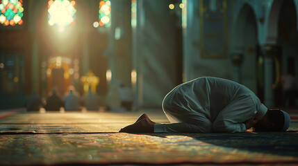 Muslim man praying in mosque. 