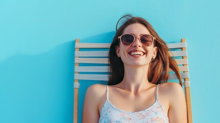 Wall Mural - Happy smiling beautiful woman sitting on beach chair. Generative AI