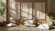 Multi mockup poster frames on bamboo wall, near floor cushions, Scandinavian style living room