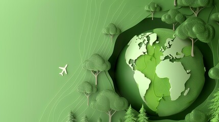 Sticker - 3d illustration of green earth with trees and airplanes flying over it