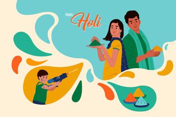 Happy Holi text with Indian people playing colorful Holi with dry colors. Holi festival design template for website banner, social post, invitation card, and poster design