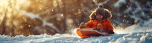 A Young Girl Is Sliding Down A Snow-covered Hill On A Sled
