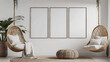 Multi mockup poster frames on bamboo matting wall, near hanging swing chair, Scandinavian style living room