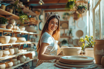 Smiling female potter in apron standing near table with vases and bowls while working on clay vase in pottery studio. Ceramist teacher create pottery sculpture on a pottery wheel from grey clay.