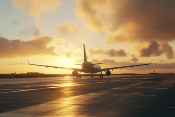 passenger plane, plane lands on the airport runway in beautiful sunset light