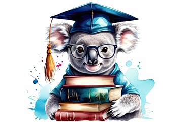 Wall Mural - With graduated cap and books, lovable koala is depicted in watercolor-style illustration.Graduation and study concept for banner, poster,t- shirt,Backpacks and Bags,Notebook Covers design.