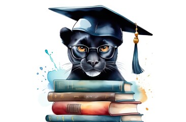 Wall Mural - Illustration in watercolor style features cute black panter adorned with graduated cap and surrounded by books.Graduation and study concept for banner, poster,t- shirt,Notebook Covers design.
