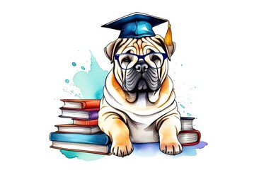 Wall Mural - Watercolor illustration,cute shar pei dog wearing  graduation cap and surrounded by books.Graduation and study concept for banner, poster,t- shirt, sticker, Backpacks and Bags, Notebook Covers design.