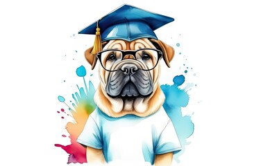 Wall Mural - With graduated cap and books, lovable shar pei dog is depicted in watercolor-style illustration.Graduation and study concept for banner, poster,t- shirt,Backpacks and Bags,Notebook Covers design.