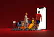 © master1305 - Family, man, woman and children with suitcases stepping into giant 3D model smartphone screen, indicating travelling. Online booking services, tickets. Mockup for ad, text, design, logo