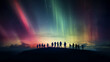 northern lights in the night sky, aurora borealis, a group of people watching the night landscape with a multicolored glow in the sky