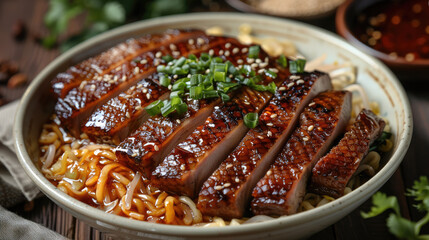 Poster - Close-up of a bowl of roasted duck noodles, focusing on the succulent slices of duck. Generative AI.