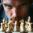 Business executive pondering over a chessboard, with a close-up on the chess pieces and their thoughtful face, symbolizing strategic thinking and planning moves ahead