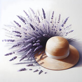 Fototapeta Lawenda - Piękna akwarela z lawendą i kapeluszem, dekoracja generative ai