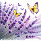 Fototapeta Lawenda - Piękna akwarela z lawendą i motylami, dekoracja generative ai
