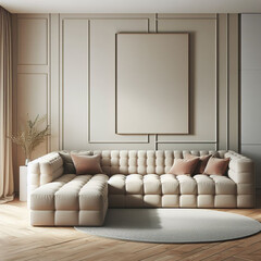 Wall Mural - Minimalist home interior design with white couch and wall art.